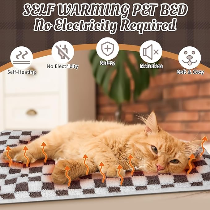 VitalCozy 2 Pack Self Warming Cat Mat Self Heating Pad Bed Reversible Machine Washable Reflects Body Heat Warm Thermal Pet Pad Crate Blanket for Feral and Indoor Cat(Dark Brown,21" X 14",Plaid)