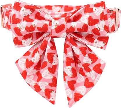 Valentines Dog Collar with Lady Bow - Cute Valentine Doodle Hearts Pink Girl Bowtie Dog Collar, Adjustable Metal Buckle Dog Collars for Small Medium Large Dogs XL