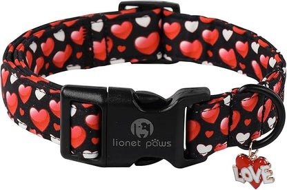 Lionet Paws Valentine's Dog Collar- Cute Sweet Pink Heart Black Dog Collars with Plastic Buckle, Light Adjustable Dog Collars for Medium Dogs