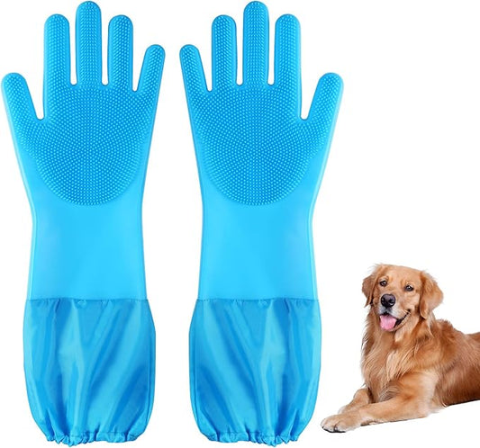 Senquoyn Dog Washing Gloves | Pet Grooming Gloves | Extra Long Arms (17.3") for Cats & Dogs | Massage & Hair Removal Pet Glove(Blue)