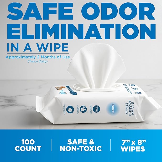 POOPH® Pure Wipes™ – 100 Count Pack – Gentle, Fast Odor-Elimination – NO Fragrances, NO Harsh Chemicals – Cleans Paws, Butt, Ears, Face, Fur – Perfect for Cars, Crates, All Surfaces