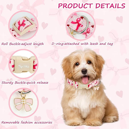 Adjustable Girl Dog Collars with Pink Bow, Cute Spring Summer Collar for Girl Boy Dog, Pink Pet Collar for Small Medium Large Dogs-M