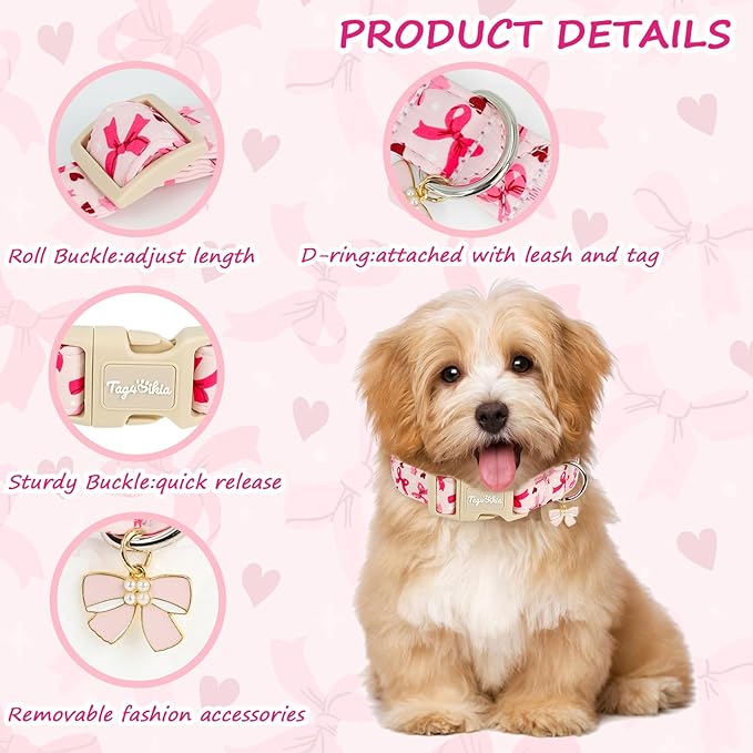 Adjustable Girl Dog Collars with Pink Bow, Cute Spring Summer Collar for Girl Boy Dog, Pink Pet Collar for Small Medium Large Dogs-L