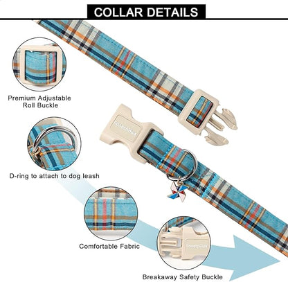 Lionet Paws Boy Dog Collar- Cute Blue Plaid Dog Collars with Plastic Buckle, Light Adjustable Dog Collars for Small Medium Dogs