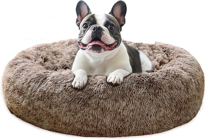 JOLLYVOGUE Calming Dog Bed Medium Size Dog, Anti-Anxiety Donut Medium Pet Bed, 31 inches Fluffy Faux Fur Round Cat Bed, Fits up to 45 lbs Pets (Smoke Brown)