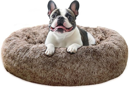 JOLLYVOGUE Calming Dog Bed Medium Size Dog, Anti-Anxiety Donut Medium Pet Bed, 31 inches Fluffy Faux Fur Round Cat Bed, Fits up to 45 lbs Pets (Smoke Brown)