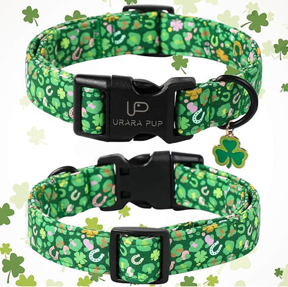 St. Patrick's Dog Collar, Cotton St. Patricks Clover Collar for Puppy Girl Boy Dog or Cat, Lucky Shamrock Dog Collar with Metal Buckle, Green, Spring, XS