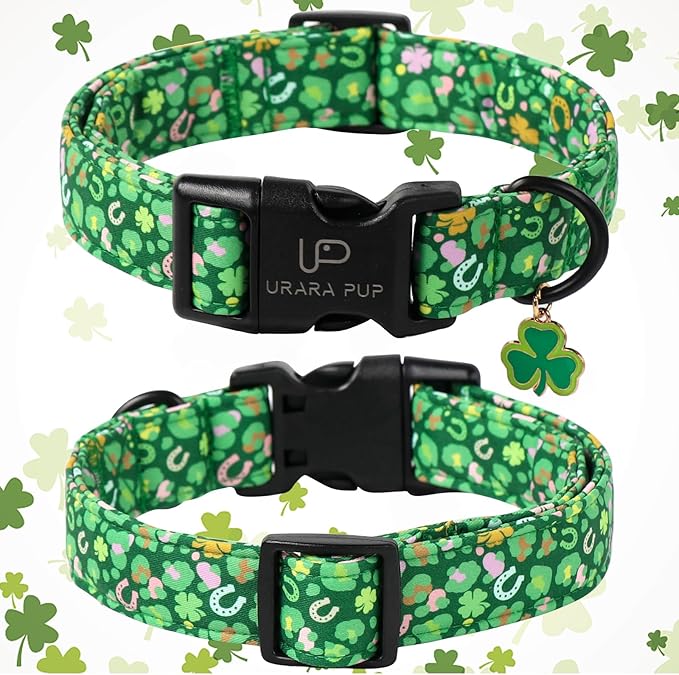 St. Patrick's Dog Collar, Cotton St. Patricks Clover Collar for Puppy Girl Boy Dog or Cat, Lucky Shamrock Dog Collar with Metal Buckle, Green, Spring, XS