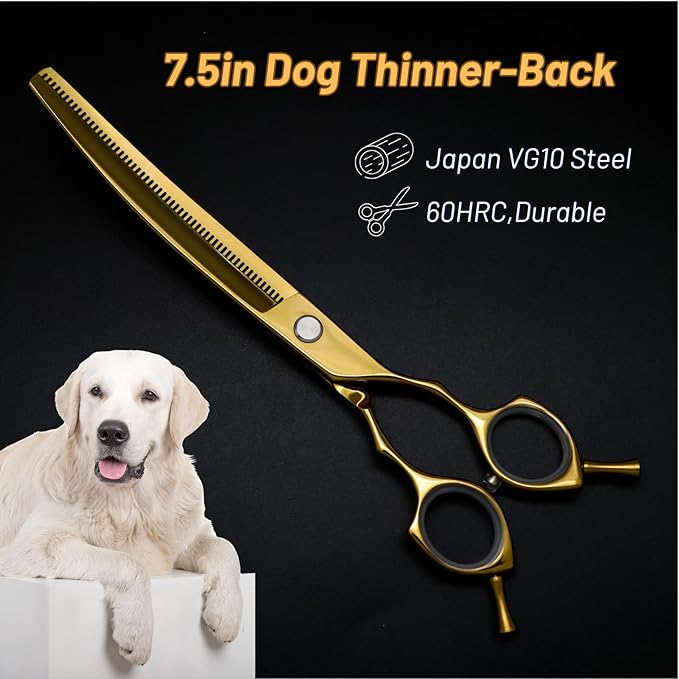 7.5inch Curved Thinner Professional Dog Grooming Scissors, 56 Teeth High-end Dog Shears Blender, VG10 Steel Sharp, 25 Degree Bend Cutting Scissors for Pet Groomers or Family Use, Thinning Rate 30%