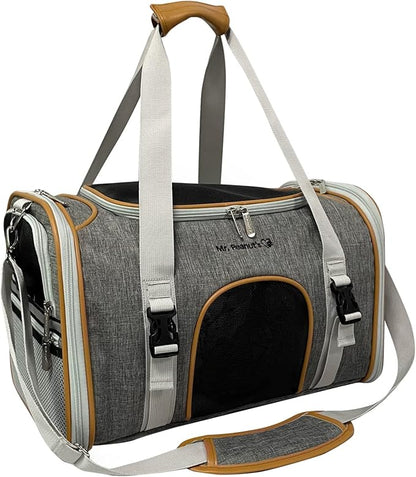 Mr. Peanut's Expandable Airline Approved Soft Sided Pet Carrier, Luxury Travel Tote with Premium Auto Self Locking Zippers, Plush Faux Fleece Bedding with Sturdy Plywood Base, 18LX10.5WX11 H