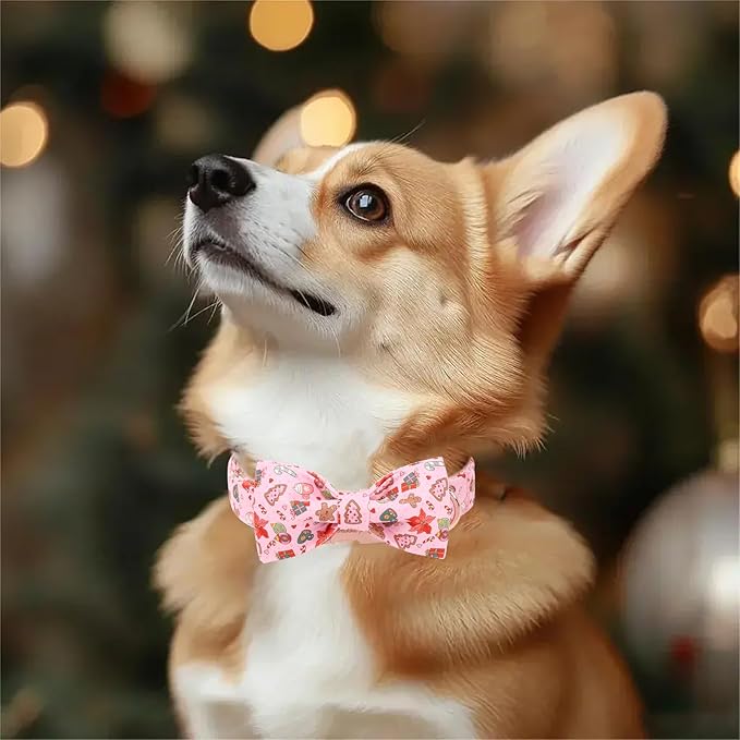 Christmas Dog Collar with Bow Tie - Sweet Chsiatmas Festival Pattern Pink Puppy Collar, Adjustable Metal Buckle Winter Bowtie Dog Collars for Small Medium Large Dogs XS