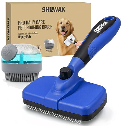 Grooming Duo, 2-in-1 Pet Brush Set with Retractable Self-Cleaning Brush and Silicone Bath Brush for Dogs and Cats (BLUE)