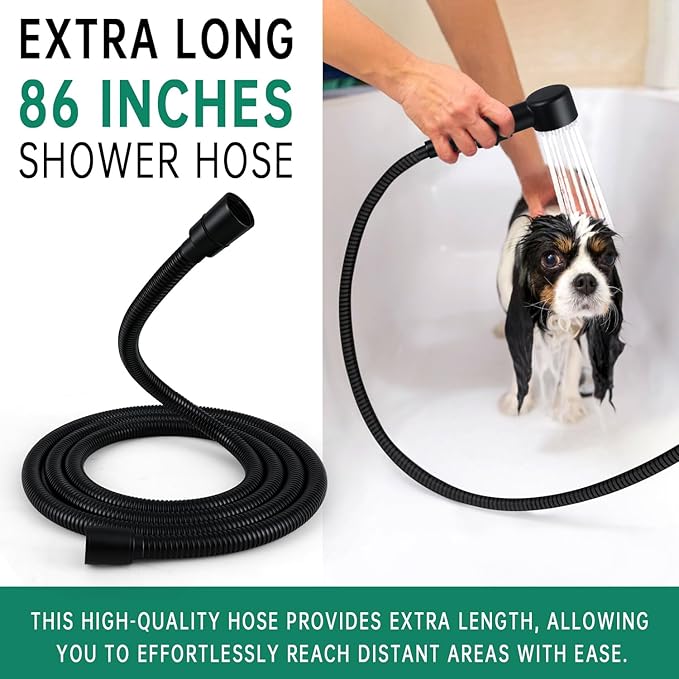 3 Mode Dog Shower Attachment, High Pressure Handheld Sprayer with ON/OFF Switch, G1/2" Metal Shower Diverter, 86 Inches Stainless Steel Hose, No Drill Hook, for Indoor Pet Bathing and Washing