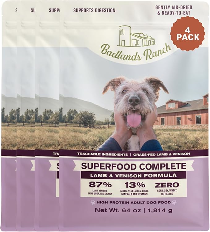 BADLANDS RANCH by Katherine Heigl – Superfood Complete Air-Dried Lamb & Venison Dog Food – High Protein with Superfoods for Daily Wellness & Consistent Nutrition – 64 oz (Pack of 4)