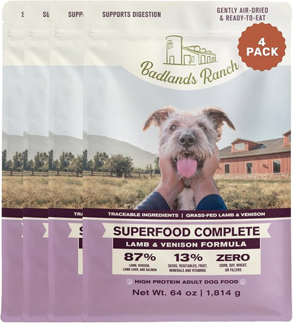 BADLANDS RANCH by Katherine Heigl – Superfood Complete Air-Dried Lamb & Venison Dog Food – High Protein with Superfoods for Daily Wellness & Consistent Nutrition – 64 oz (Pack of 4)