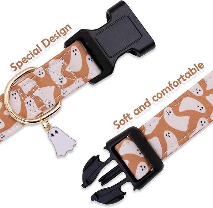 Faygarsle Fall Dog Collar - Adorable Ghost Pattern for Small, Medium & Large Dogs - Cute Orange Neckwear for Boys & Girls