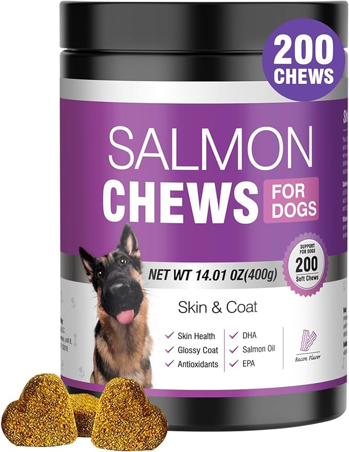 Omega 3 Skin and Coat Supplement for Dogs 200 Chews Dog Fish Oil Supplements with EPA & DHA Fatty Acids Dry Skin Relief for Dogs Shedding Allergy Itching Promotes Heart Hip Joint Health Bacon Flavor