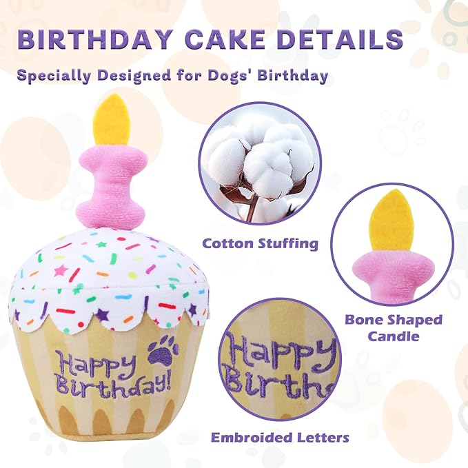 MRSOHRET Dog Birthday Toy, Birthday Cake Plush Squeak Dog Toys for Puppy Gifts, Unique Bone Candle Design, Dogs Party Decor