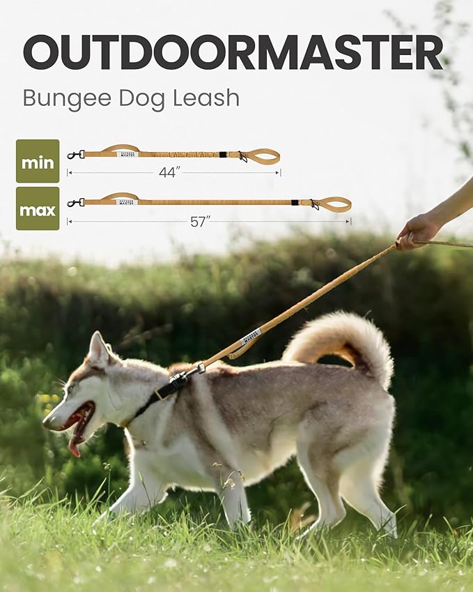 OutdoorMaster Bungee Dog Leash, Heavy Duty Dog Leash with Shock Absorption, 2 Padded Handles Training Leash, Improved Dog Safety and Comfort (Brown, 4 FT)