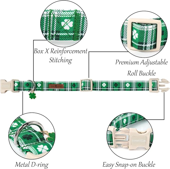 Lionet Paws St. Patrick Dog Collar, Comfortable Adjustable Green Collar with Green Clover Pattern for Medium Male Female Dogs Collars, Neck 13.5-22 inches