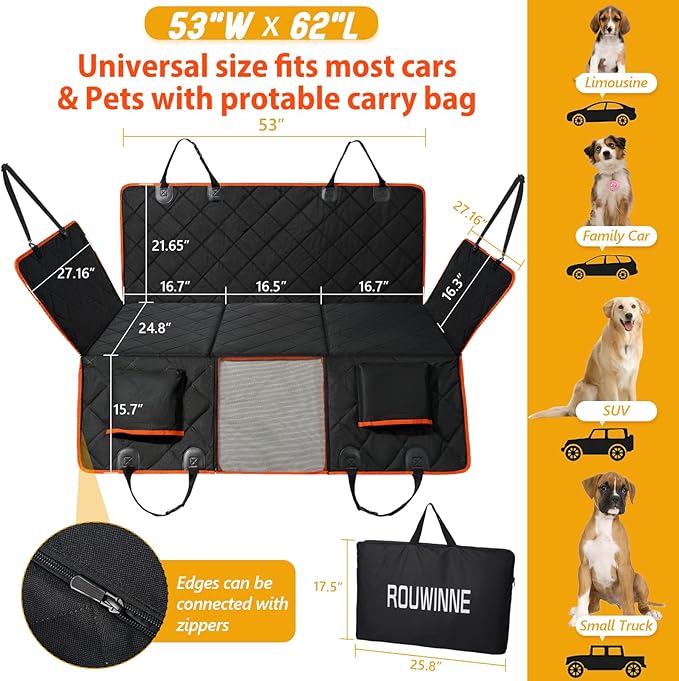 ROUWINNE Back Seat Extender for Dogs - Holds 420lb, Hard Bottom Dog Bed Back Seat Cover, Pet Car Seat Cover Backseat Extender,Upgraded Material Waterproof Dog Hammock for Car，SUV, Truck, Black/Orange