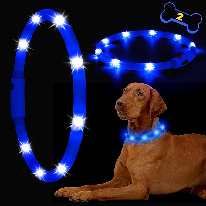 HIGO Light Up Dog Collar - 2-Pack Silicone LED Dog Collar Rechargeable, Safety Collar Light, Glow in The Dark Collar Lighted Dog Necklace for Small Medium Large Dogs (Blue)
