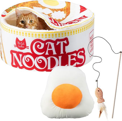 Cat Ladies Ramen Cat Bed - Cozy 5-Piece Soft Nest Set with Blanket Pillows and Teaser Toy - Compact Noodle Bowl-Themed Pet Beds & Furniture - Small Warm Indoor Cushion for Cats