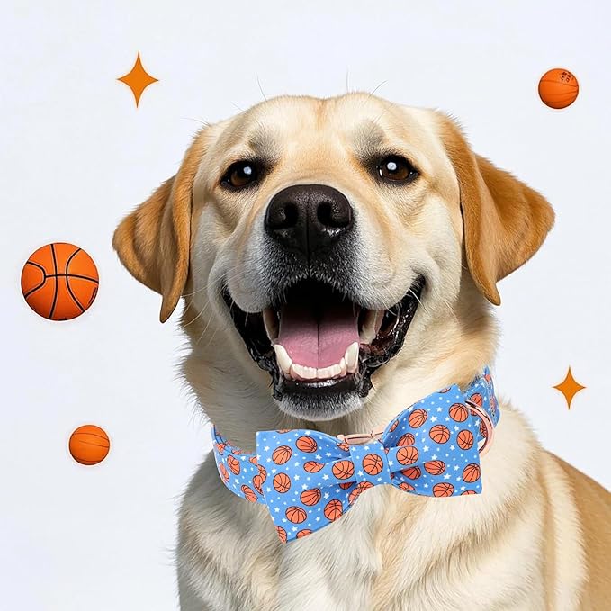 Cute Boy Dog Collar with Bow Tie - Adjustable Blue Basketball Bowtie Collar Spring-Summer Breathable Comfort Dog Collars for Small Medium Large Dogs XS