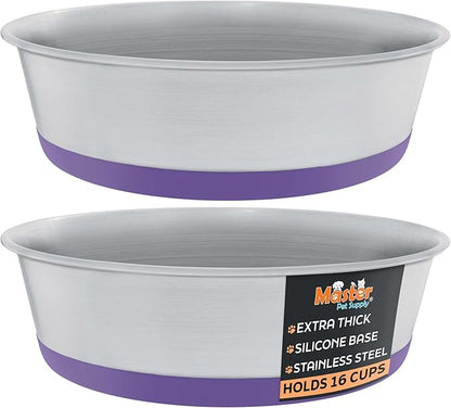 Master Pet Supply Stainless Steel Dog Bowls Set of 2 with Extra Thick Silicone Base - 16 Cup (128 oz) Plum Crazy, Non-Slip, Dishwasher Safe Metal Bowls, Pet Dog Food Bowl for Dogs, Cats, Anti Rust
