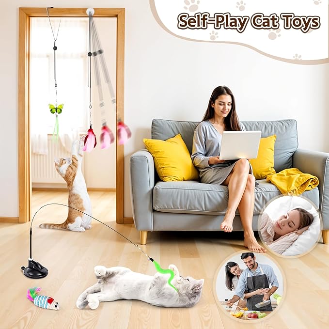 HONGDDY Cat Toys for Indoor Cats, 14Pcs 4 in 1 Cat Interactive Toys, Hanging Door Kitten Wand with Suction Cup Removable Feathers Balls Mice Butterfly Streamers