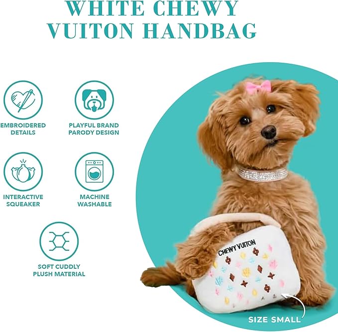 Haute Diggity Dog White Chewy Vuiton Handbag, Plush Designer Dog Toys with Interactive Squeaker, Stimulating Pet Enrichment, Machine-Washable & Safe Materials for All Breeds, Size XL