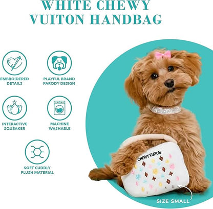 Haute Diggity Dog White Chewy Vuiton Handbag, Plush Designer Dog Toys with Interactive Squeaker, Stimulating Pet Enrichment, Machine-Washable & Safe Materials for All Breeds, Size XL