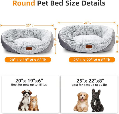 Calibonbon Long Fur Pet Bed for Medium Dogs, Plush Cat Bed with Bolster, Machine Washable Dog Bed with Non-Slip Waterproof Bottom, Orthopedic Support for Warmth & Security, 25x22 Inches