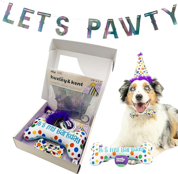 Huxley & Kent Celebration Box for Dogs - Fun Gift Kit with Plush Squeaky Toys, Party Hat, Bow Tie & Banner - Birthday, Gotcha Day & Special Occasion Dog Kit - Happy Barkday Box, Small