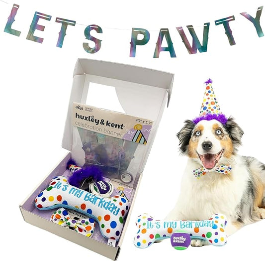 Huxley & Kent Celebration Box for Dogs - Fun Gift Kit with Plush Squeaky Toys, Party Hat, Bow Tie & Banner - Birthday, Gotcha Day & Special Occasion Dog Kit - Happy Barkday Box, Large