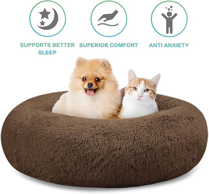 SAVFOX Plush Calming Donut Dog Beds for Small Dogs, Medium, Large & X-Large Breeds, Comfy Cuddler Dog Bed and Cat Bed in Faux Fur, Washable, Multiple Sizes S-XXL