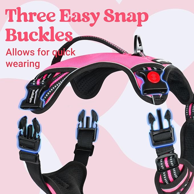 rabbitgoo Dog Harness for Large Dogs, No Pull Pet Harness with Soft Padded Handle, Adjustable Reflective Vest with 3 Buckles, Easy Walking Harness with 2 Leash Clips, Pink, L