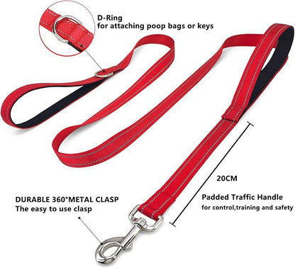 6 FT Dog Leash with 2 Padded Handle Nylon Reflective Dogs Leashes for Small Medium Large Dogs Red