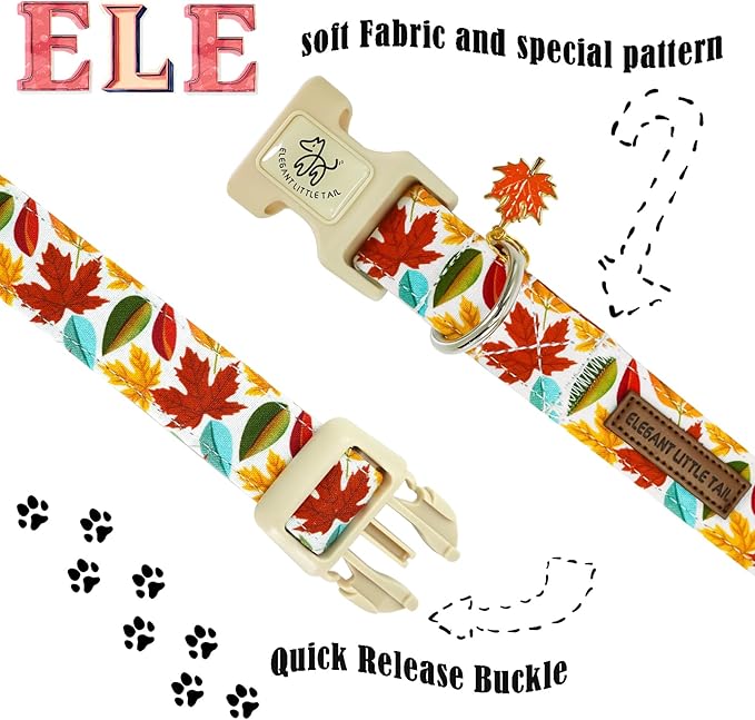 Elegant little tail Fall Dog Collar, Fall Maple Leaf Print Autumn Pet Collars Dog Cotton Soft Sturdy Puppy Collars Holiday Female Adjustable Collar for Small Dogs