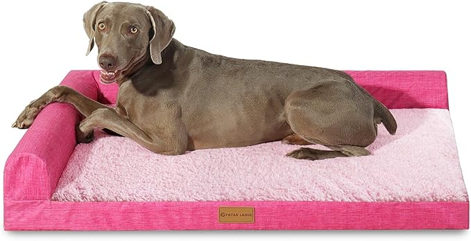 Patas Lague Orthopedic Jumbo Dog Bed for Extra Large Dogs 56''X40'', Waterproof L Bolster Pet Sofa Beds with Removable Washable Cover, Soft Comfortable Pet Couch Crate Mat with Nonskid Bottom, Pink