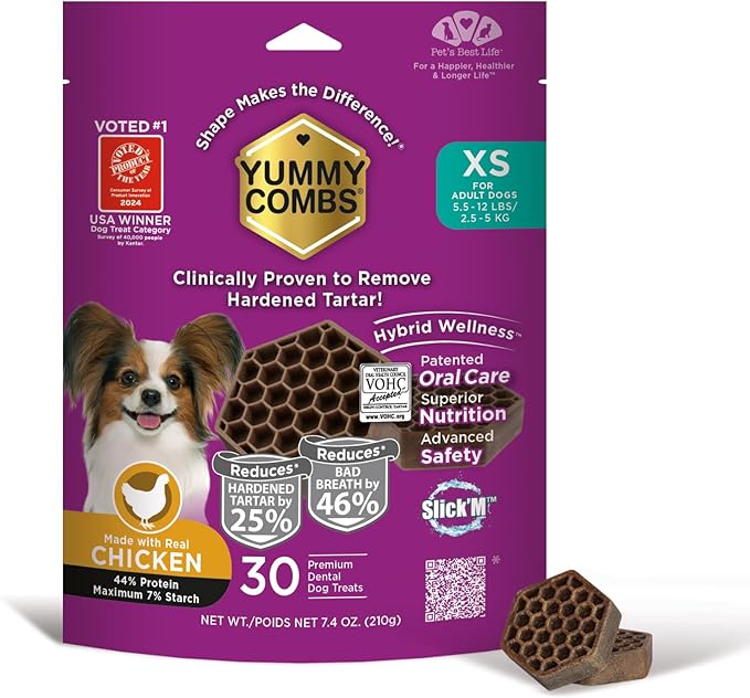 Yummy Combs Dog Dental Treats – Vet VOHC Approved, Removes Tartar & Cleans Teeth – Yummy High Protein Chicken Treat for Extra Small Dogs (Mini Pack, 30 Count)