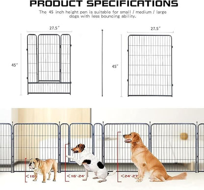 Dog Playpen,32/40/45 Inch Height in Heavy Duty, Folding Indoor Outdoor Anti-Rust Dog Exercise Fence, Portable Pet Playpen with Door for Large Medium Small Dogs and Pet (8 Panels, 45 Inch) Silver