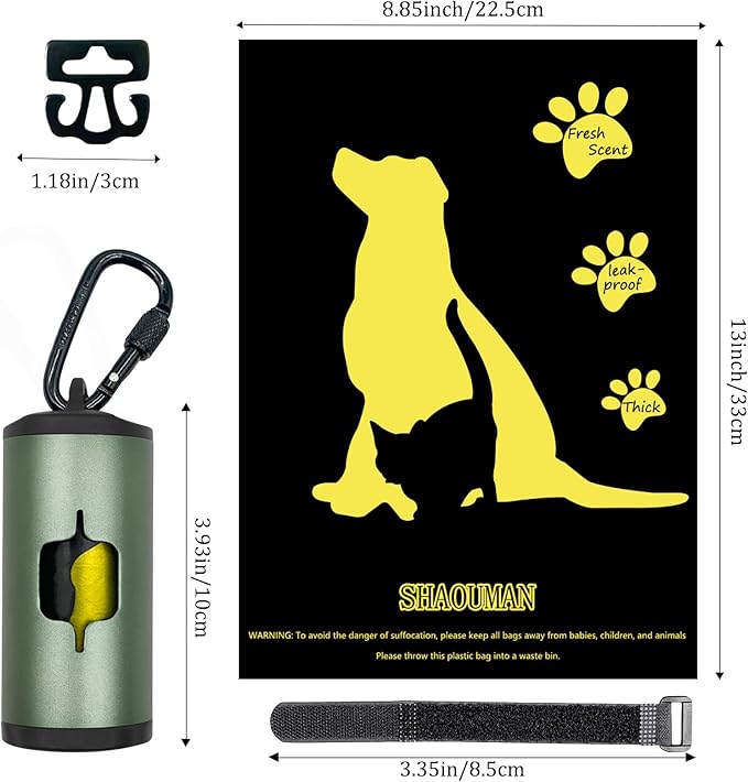 Metal Dog Poop Bag Holder w/Leash Clip|Durable Scratch-Resistant Aluminum|135 Bags+3 Accessories（Dark Green）