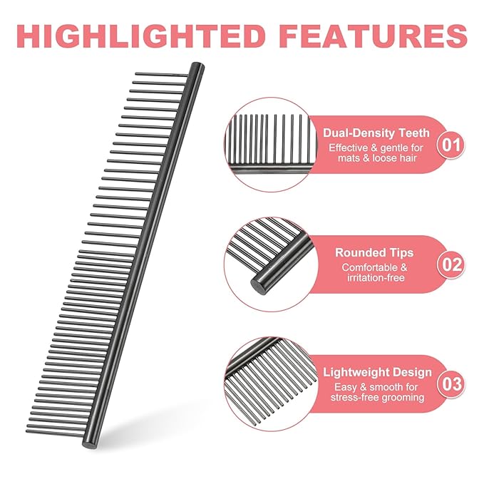PETAXCELL Dog Cat Comb, Pet Combs Stainless Steel Teeth with Rounded Ends for Knots Mats Loose Hair Removal, 6.5IN (Black Plated, 3 Pack), Grooming Tool Intended for Long Curly Hair Pet