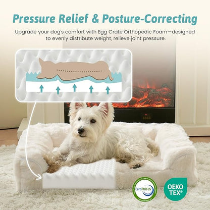 COZY KISS Faux Rabbit Fur Orthopedic Dog Bed, Large Dog Bed, Supportive Foam Pet Sofa with Waterproof Lining Cover, Washable U-Shaped Pet Couch with Anti-Slip Bottom Design, Beige XL 42x30x7 inch