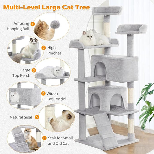 Made4Pets Cat Tree 54in Cat Tower for Indoor Cats Kitten Tree Multi-Level Cat Tree with 2 Condo Furniture Activity Center with Scratching Posts Funny Toys Kittens Pet Play House, Light Grey