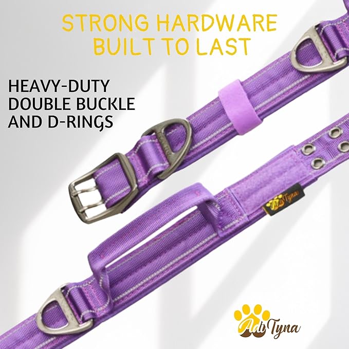 ADITYNA Heavy Duty Dog Collar – Reflective Purple Tactical Collar with Handle – Fits Extra-Large Dogs (24–30" Neck) – Wide, Thick, Soft Neoprene Padded