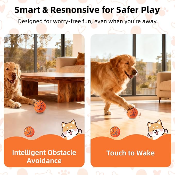 Interactive Dog Ball - Smart Dog Toy for Small & Medium & Large Dogs, Automatic Moving, Rotating & Bouncing, E-TPU Material, Interactive Dog Toys for Aggressive Chewers (Orange)