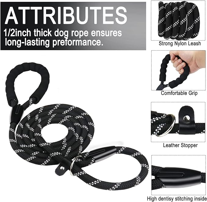 Dog Leash 6 FT, Durable Premium Quality Strong Training Rope Slip Leash with Comfortable Padded Handle and Highly Reflective Threads for Small Medium and Large Dogs, (Black)