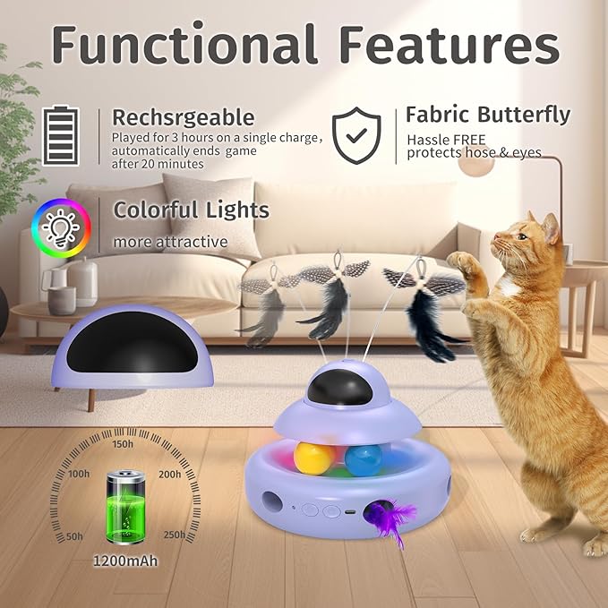MOHAYA Cat Toy,Purple 4-in-1 Interactive,Cat Toys for Bored Indoor Adult Cats,Electric Flying Butterfly,Rechargeable Automatic Toy,Moving Ambush Feather,Track Balls